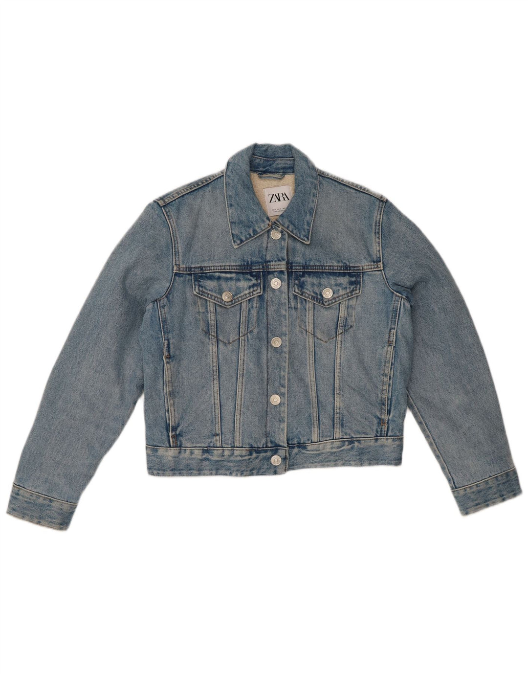 ZARA Dame Denim Crop Sherpa Jacket UK 10 Small Blue Cotton