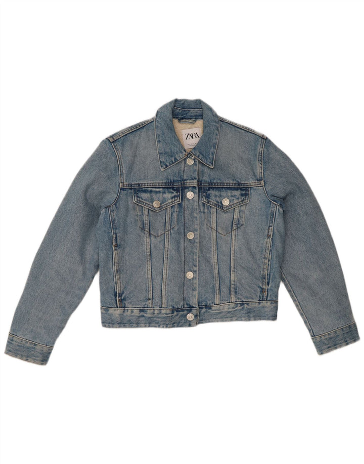ZARA Dame Denim Crop Sherpa Jacket UK 10 Small Blue Cotton