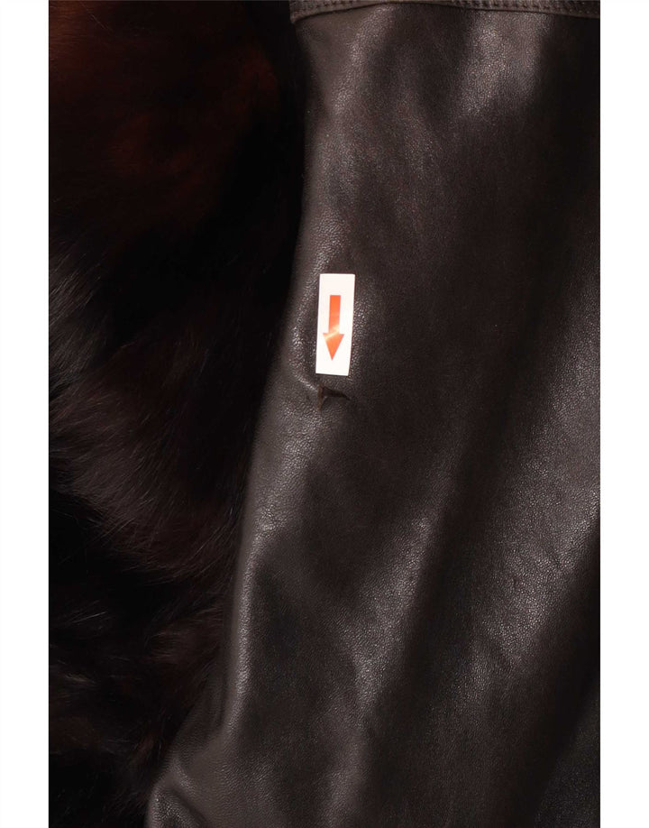 Ruffo Dame imiteret Fur Oversized Læderjakke UK 18 XL Brun