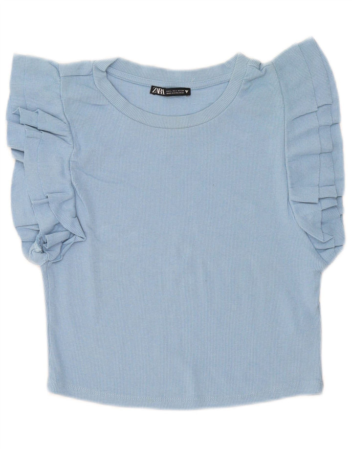 Zara Womens Crop Bluse Top UK 14 Large Blue Cotton