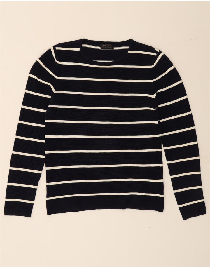 ZARA sweater med rund hals til mænd mellem marineblå stribet bomuld