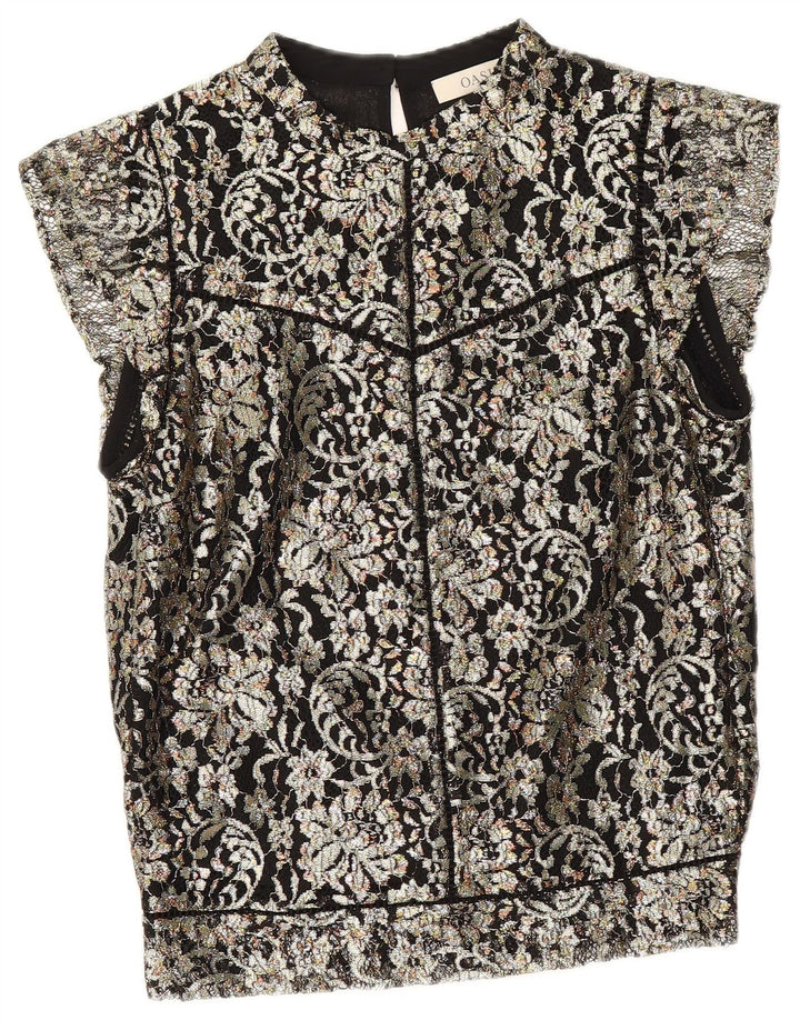 Oasis Damebluse Top UK 10 Small Black Floral Viscose