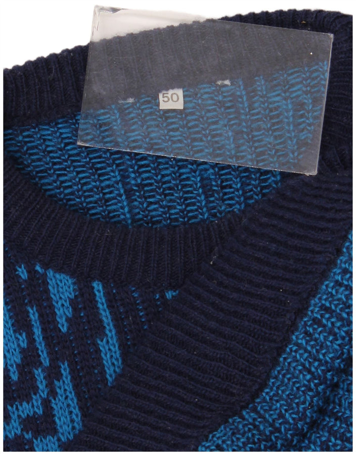 Vintage Herre rund hals sweater IT 50 Medium Blue Geometrisk Uld