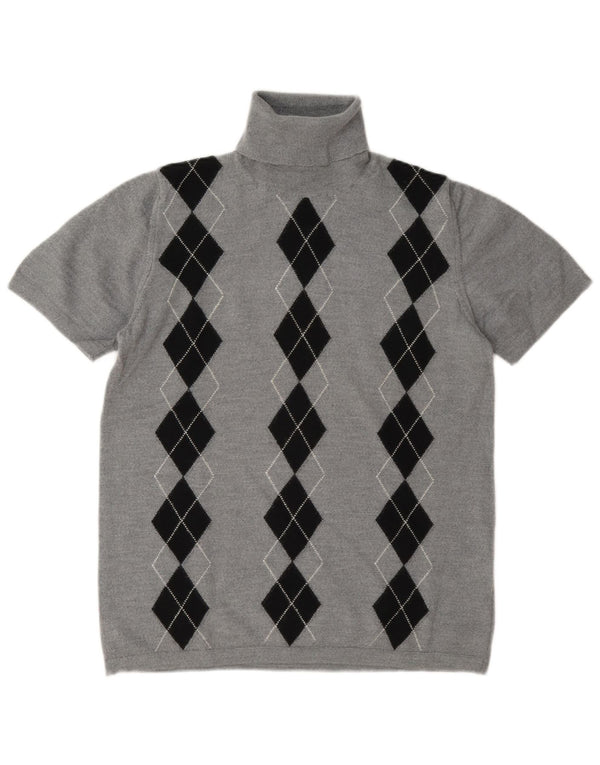 Vintage Dame Roll Neck Jumper Sweater UK 14 Medium Grey Argyle/Diamond