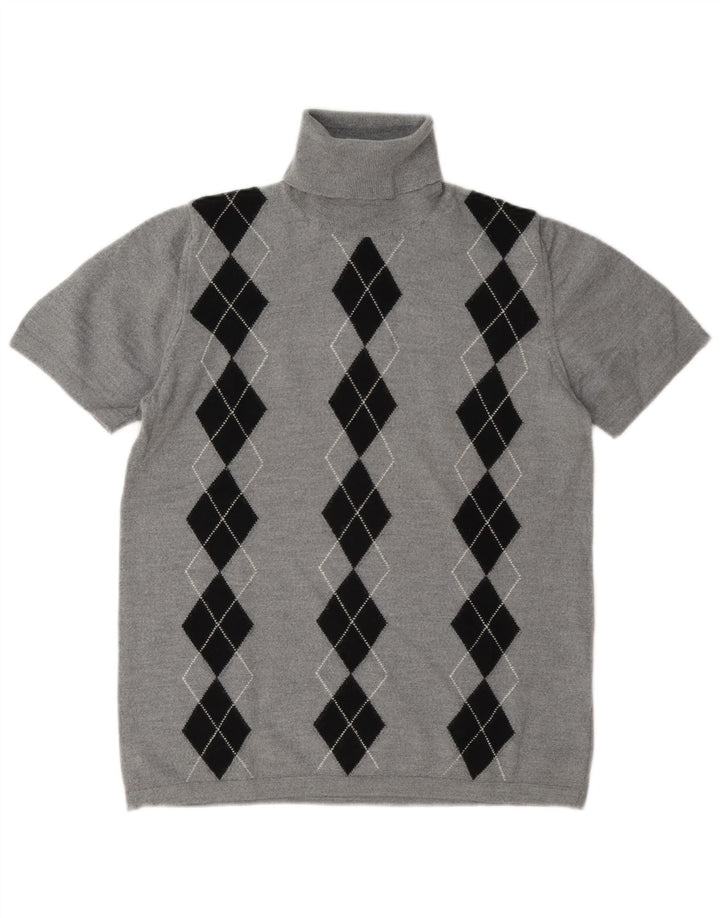 Vintage Dame Roll Neck Jumper Sweater UK 14 Medium Grey Argyle/Diamond