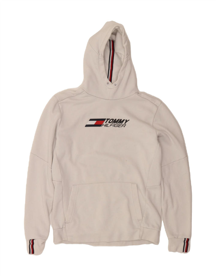 TOMMY HILFIGER Womens Graphic Hoodie Jumper UK 16 Large White Polyester Vintage Tommy Hilfiger and Second-Hand Tommy Hilfiger from Messina Hembry 
