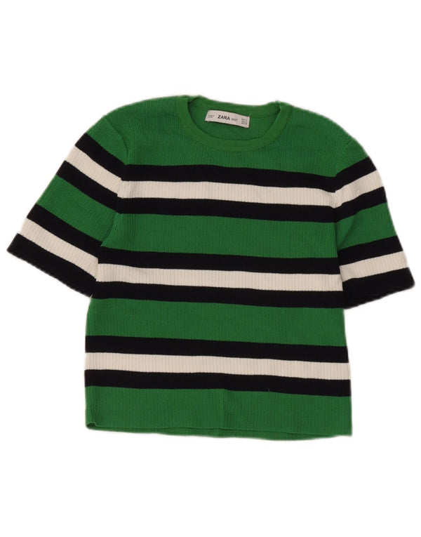 Zara Womens Crop Knit T-Shirt Top UK 12 Medium Green Striped Viscose