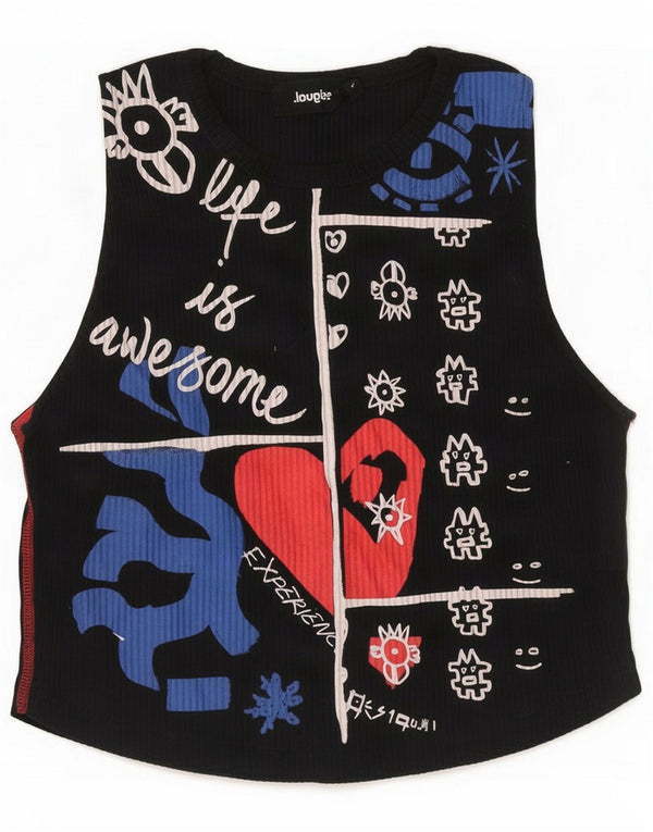 Desigual Womens Crop Abstrakt mønster grafisk vest top UK 14 Large Black