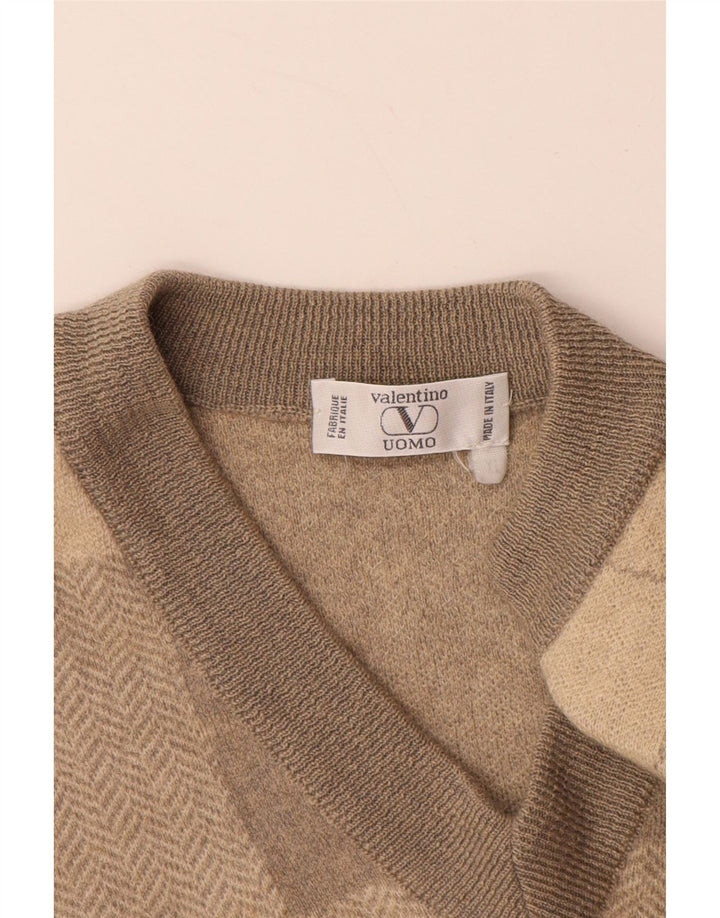 VALENTINO Herre V-hals sweater XL Grå Patchwork Uld