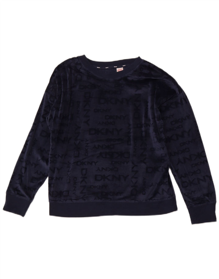 DKNY Dame Grafisk Fleece Jumper UK 14 Medium Navy Blue Polyester