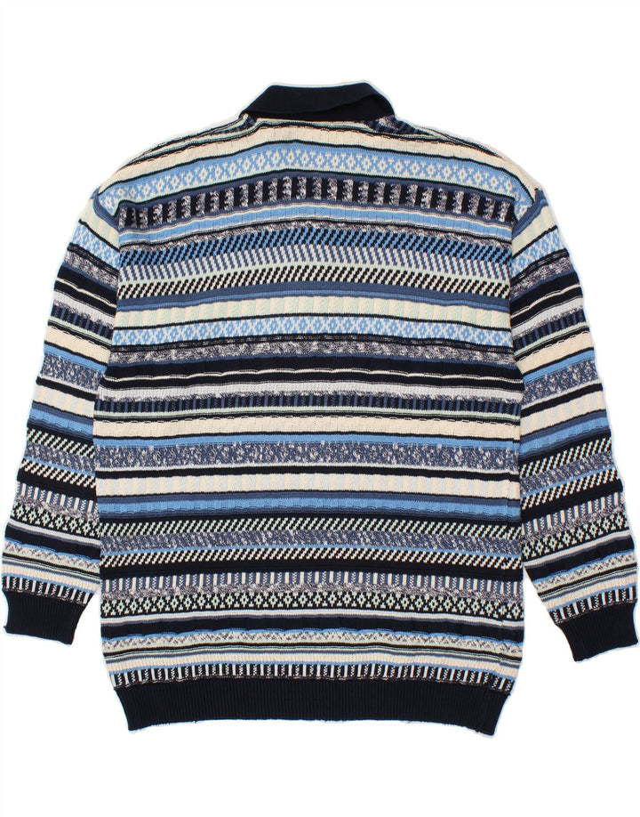 VINTAGE Herre Polo Neck Jumper Sweater Stor Blå Stribet