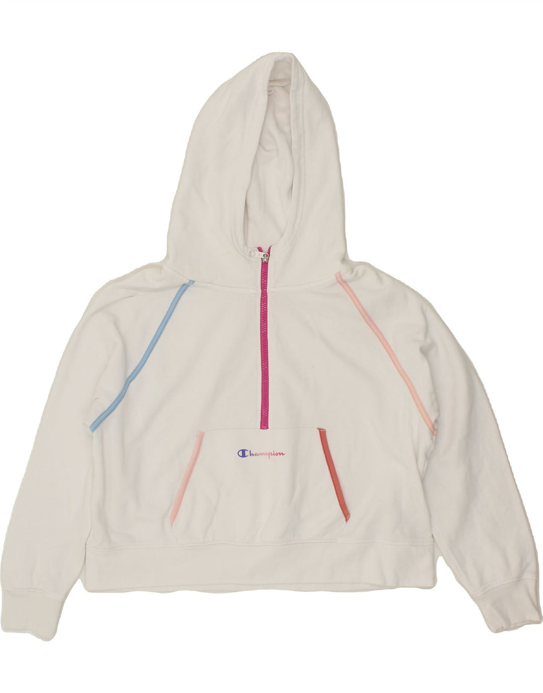 CHAMPION Womens Oversized Crop Zip Neck Hoodie Jumper UK 14 Medium White Vintage Champion and Second-Hand Champion from Messina Hembry 