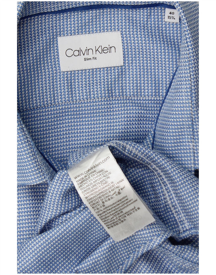 Calvin Klein Herre Slim Fit Skjorte Størrelse 40 15 3/4 Medium Blå Geometrisk