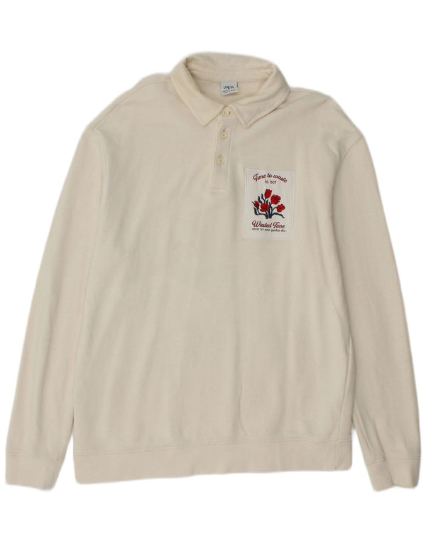 Zara Herre Grafisk Polo Neck Sweatshirt Jumper XL Off White Bomuld