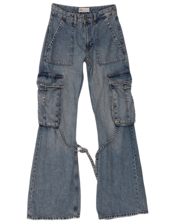 Zara Dame Cargo Flared Jeans EU 32 2XS W22 L32 Blå Bomuld