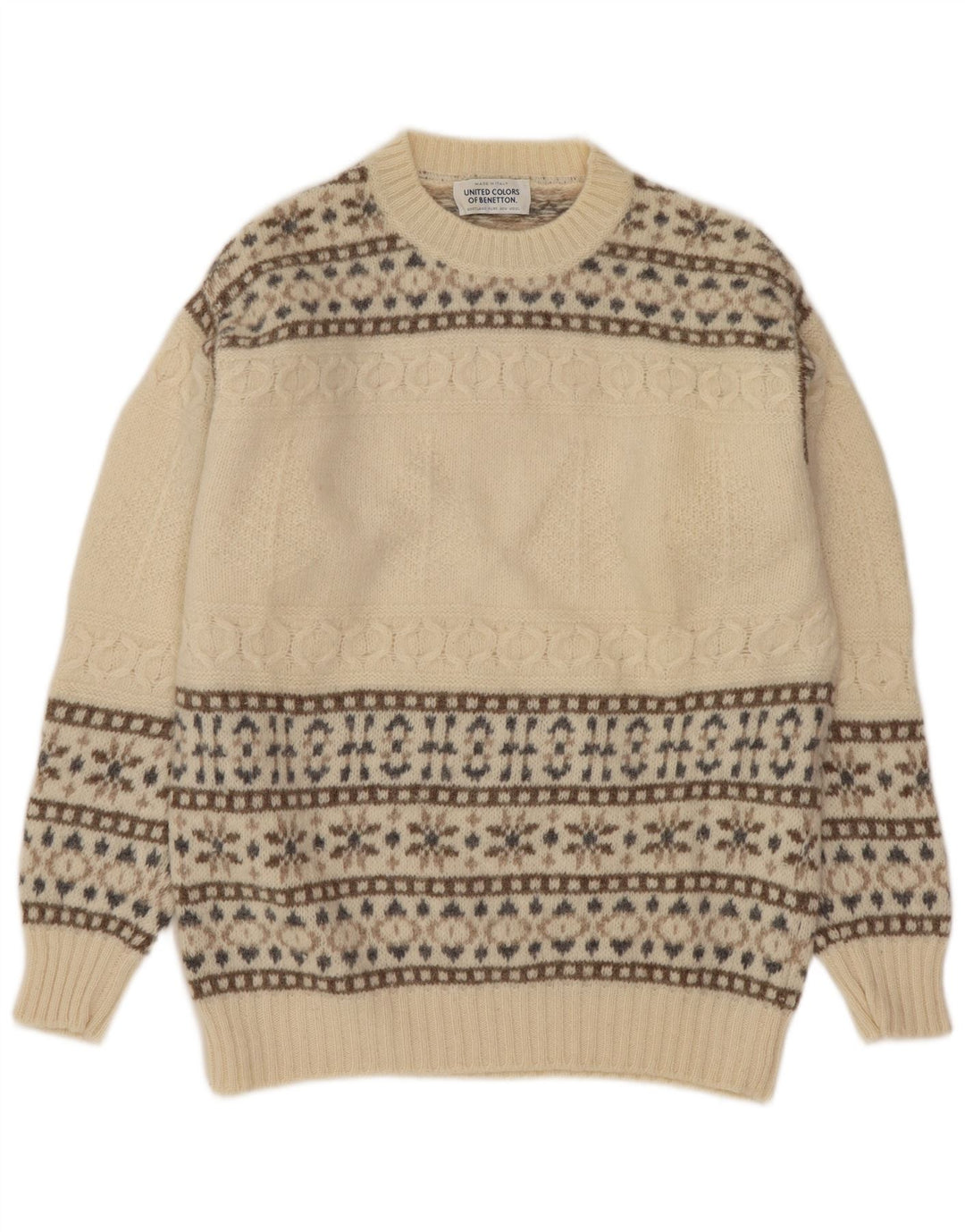 Benetton Herre sweater med rund hals, lille off White Fair Isle Wool