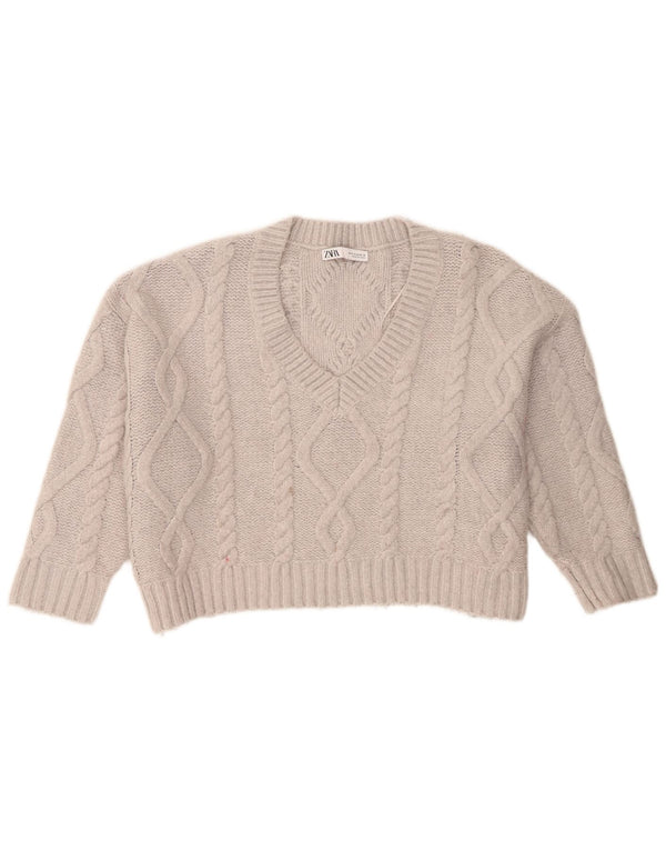 Zara Womens Crop Oversized V-hals sweater UK 14 Medium Grå Akryl