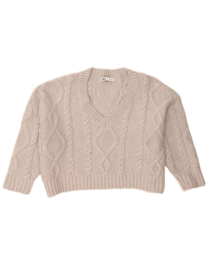 Zara Womens Crop Oversized V-hals sweater UK 14 Medium Grå Akryl