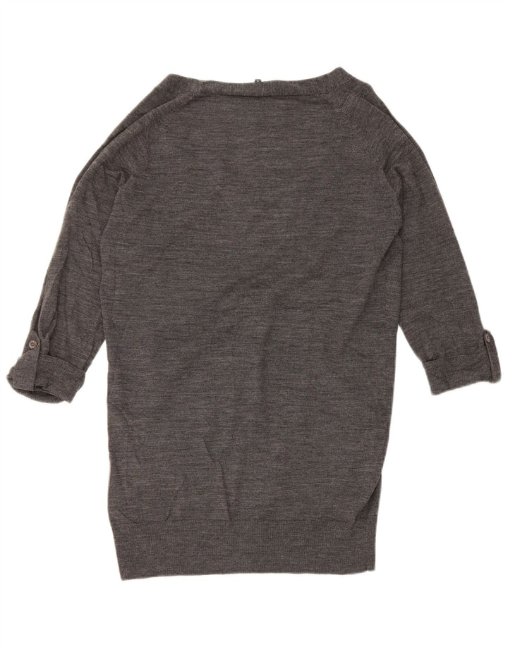 Jaeger dame cardigan sweater med 3/4 ærmer UK 12 mellemgrå flækket uld