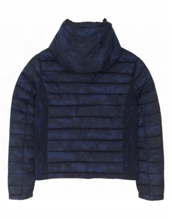 Superdry Womens Hooded Padded Jacket UK 16 Large Navy Blue Camouflage