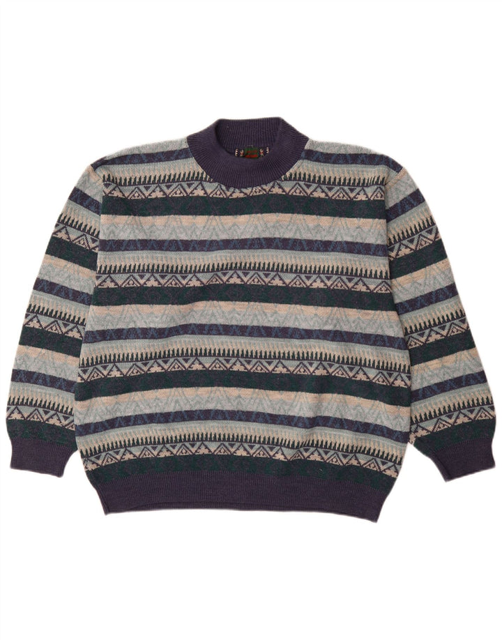 Vintage Herre Turtle Neck Jumper Sweater XL Navy Blue Geometric