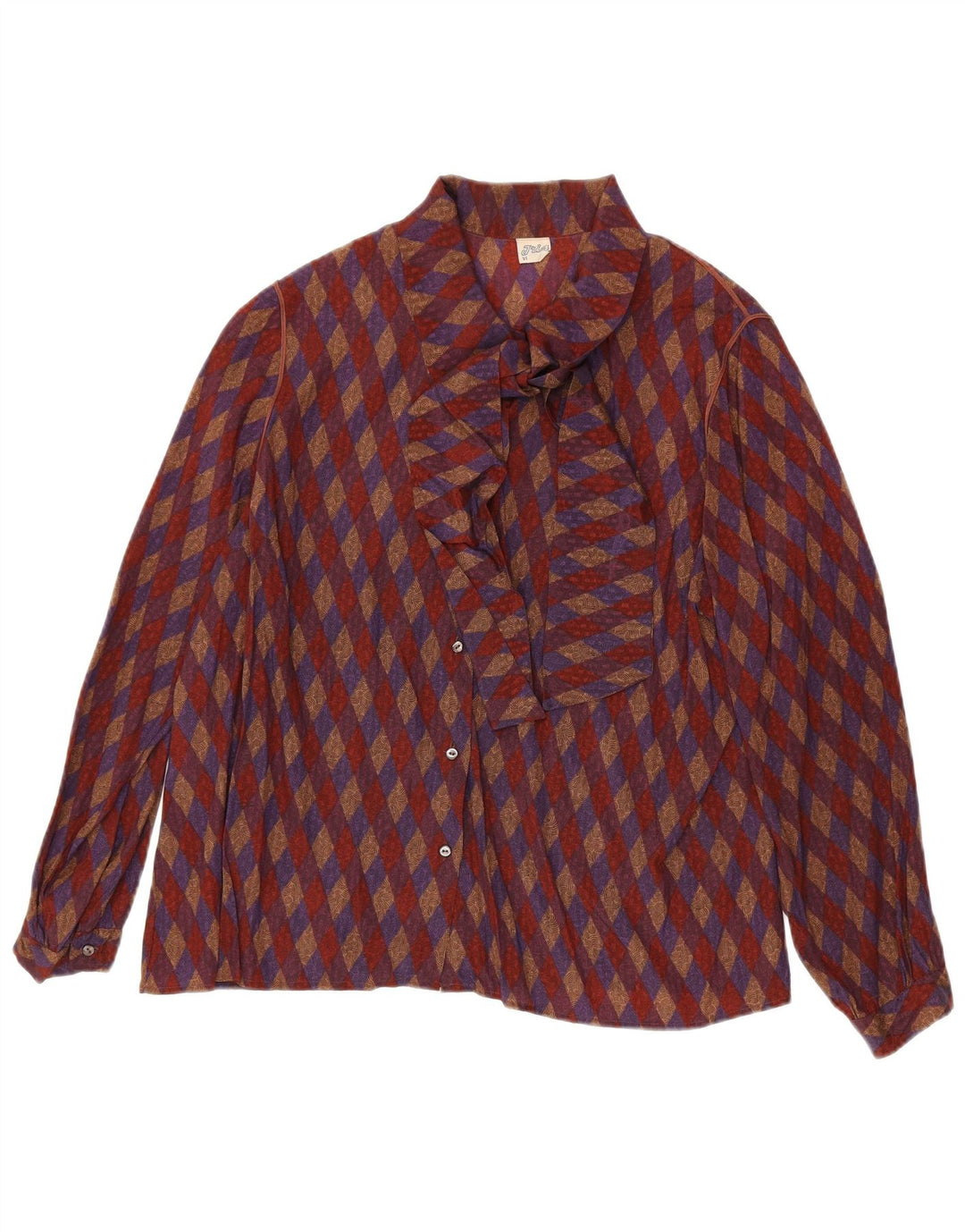 Vintage Dame Front Tie Shirt Bluse UK 16 Large Red Geometric Silk