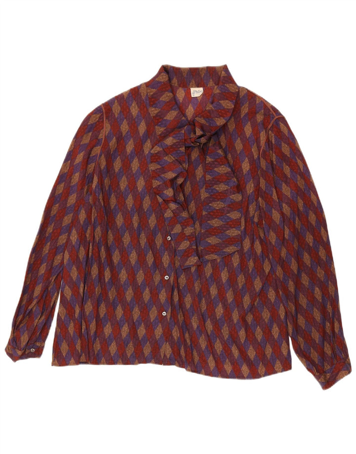 Vintage Dame Front Tie Shirt Bluse UK 16 Large Red Geometric Silk