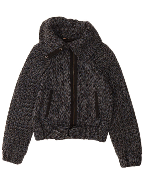 Topshop Womens Bomber Jacket UK 10 Small Blue Herringbone Polyester