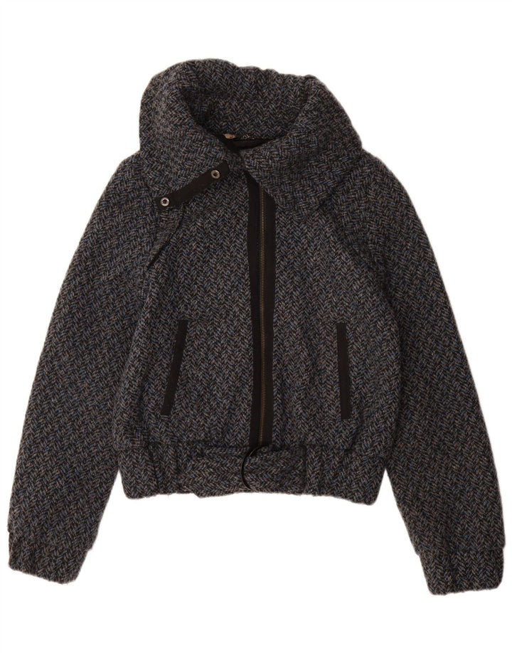 Topshop Womens Bomber Jacket UK 10 Small Blue Herringbone Polyester