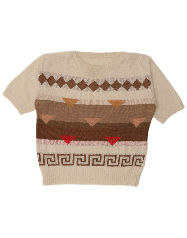 Vintage Dame Boat Neck Jumper Sweater UK 14 Medium White Geometric