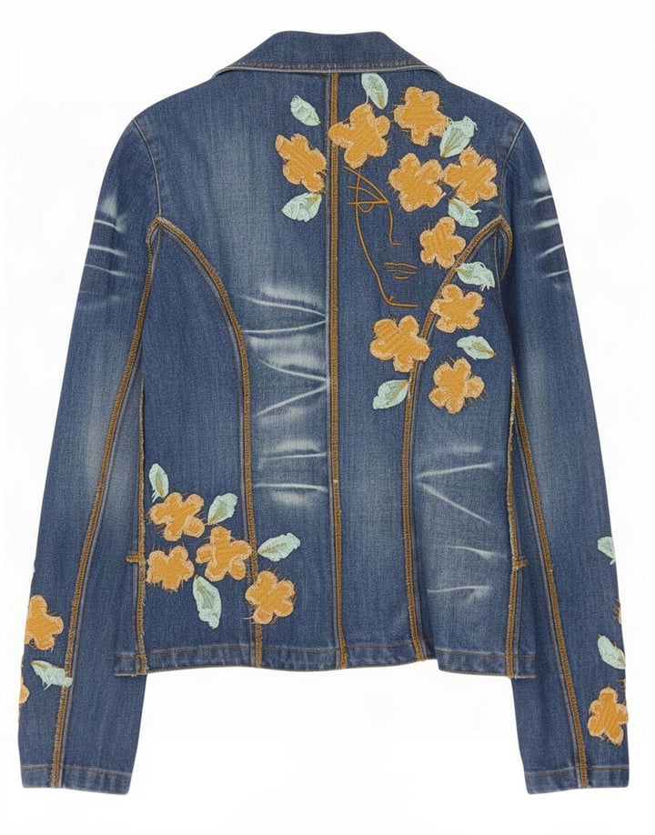 Vintage denimjakke til kvinder EU 38 Medium Blue Floral Bomuld