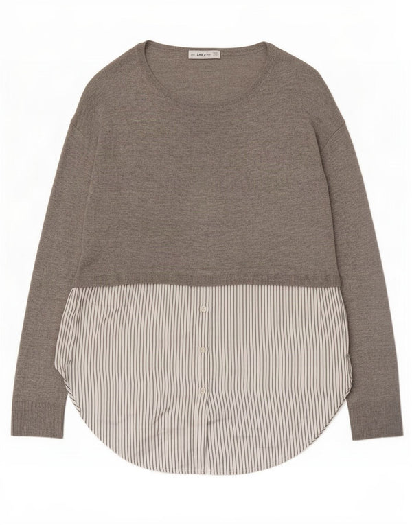 Zara Dame Langærmet Tunika Top UK 10 Small Grå Colourblock Polyester