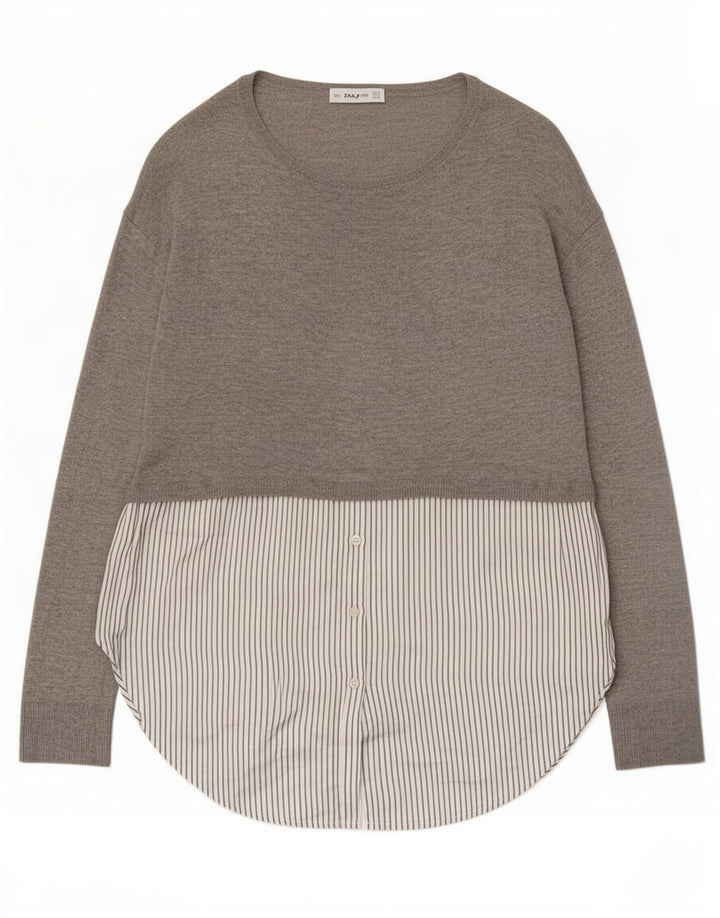 Zara Dame Langærmet Tunika Top UK 10 Small Grå Colourblock Polyester