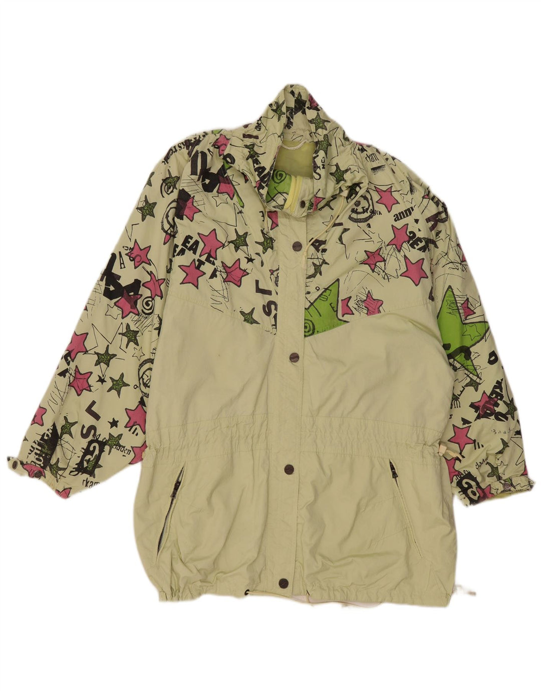 VINTAGE Dame Oversized Windbreaker Coat EU 44 XL Grøn Geometrisk