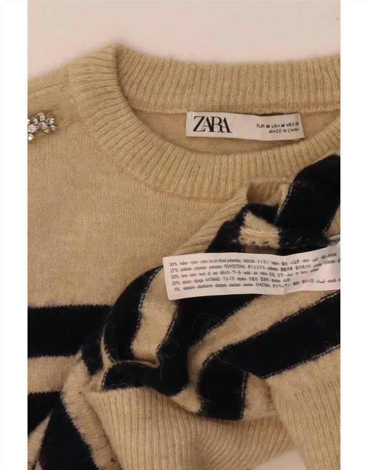 Zara Dame sweater med rund hals DK 12 Medium Beige Stribet Nylon