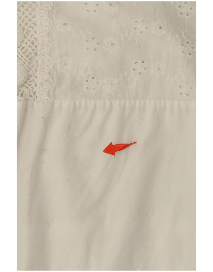 VINTAGE skjortebluse med 3/4 ærmer til kvinder UK 14 Medium hvid blomstret bomuld