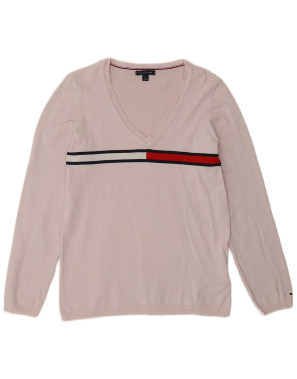 Tommy Hilfiger Dame V-hals sweater UK 14 Medium Pink Colourblock