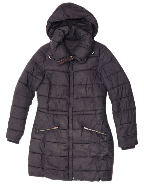 Massimo Dutti Dame Hætte Polstret Frakke UK 10 Small Black Nylon