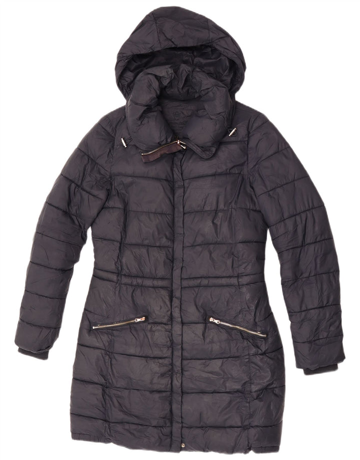 Massimo Dutti Dame Hætte Polstret Frakke UK 10 Small Black Nylon