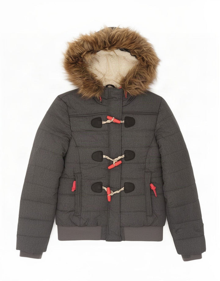 Superdry Bomber Polstret jakke med hætte til kvinder UK 14 Stor grå polyester