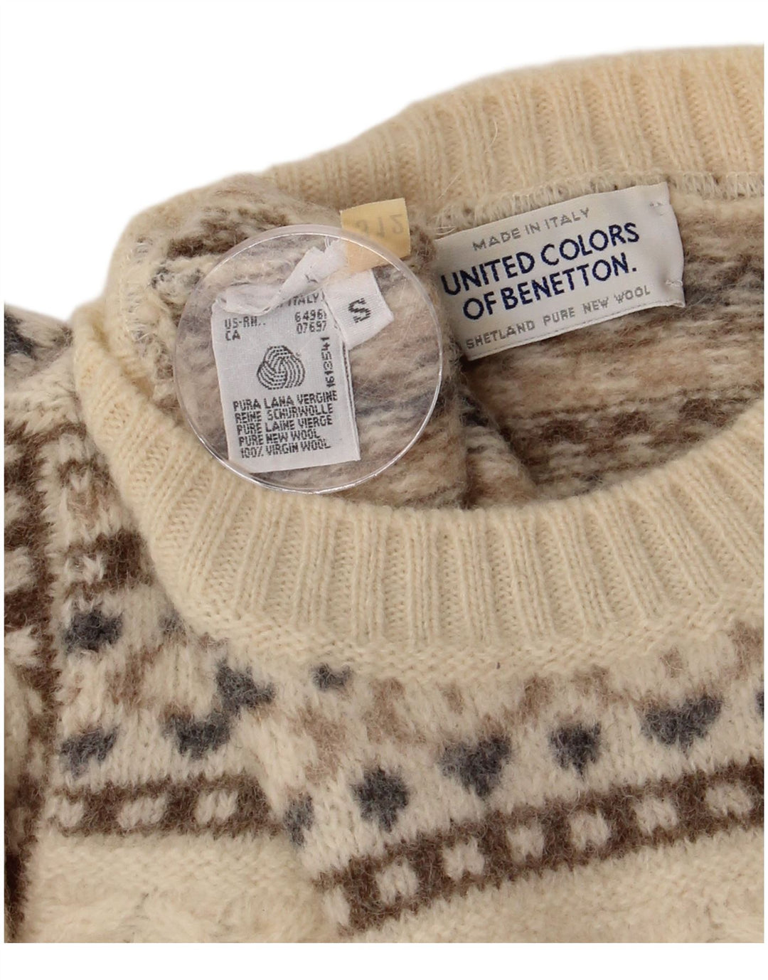 Benetton Herre sweater med rund hals, lille off White Fair Isle Wool
