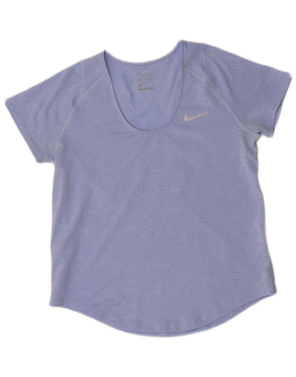 Nike Dame Dri Fit T-Shirt Top UK 10 Lille Blå Geometrisk