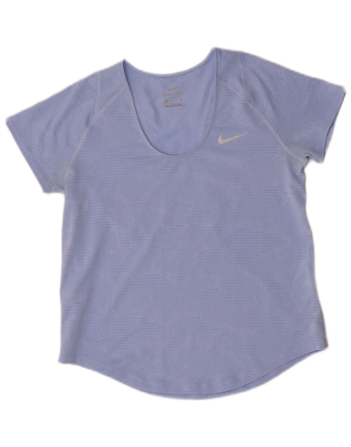 Nike Dame Dri Fit T-Shirt Top UK 10 Lille Blå Geometrisk
