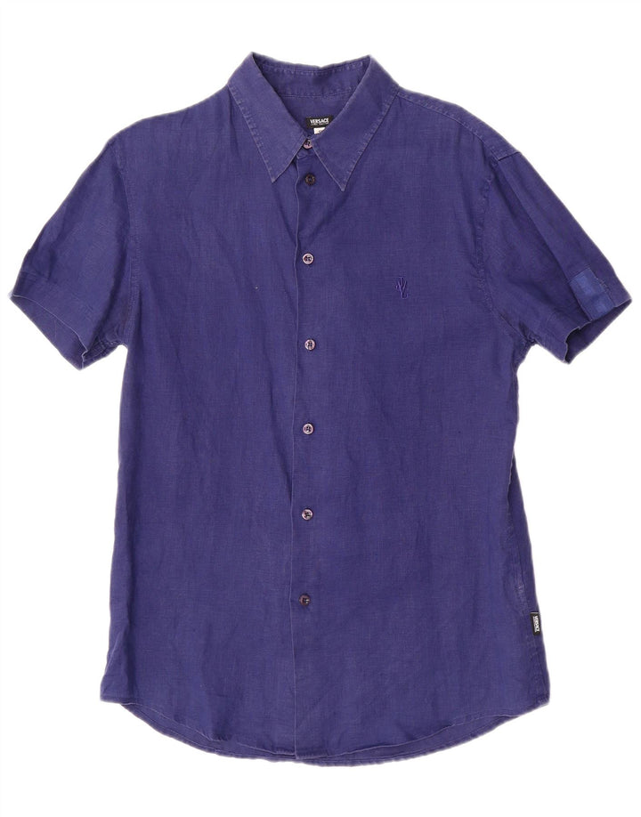 Versace kortærmet herreskjorte lille marineblå linned