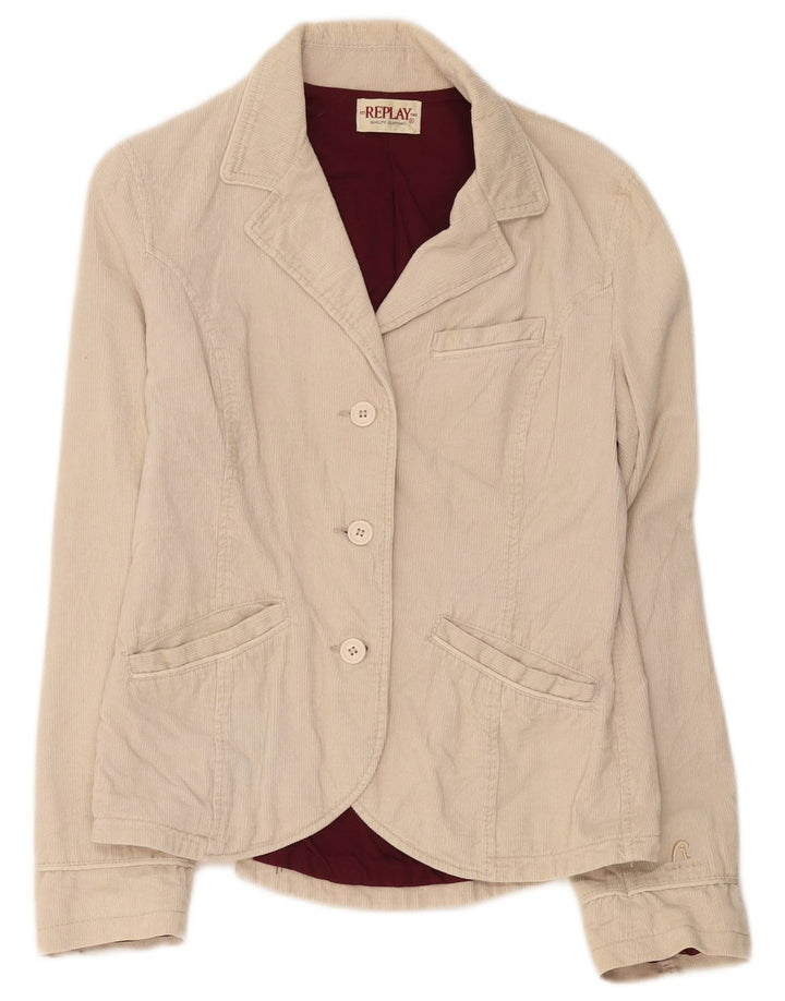 Replay Dame 3 Buttons Corduroy Blazer Jacket UK 14 Stor Beige Bomuld