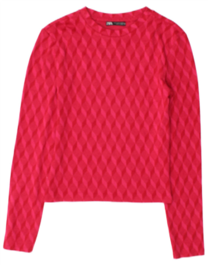 Zara Womens Crop Top Langærmet UK 10 Lille Pink Geometrisk Polyester