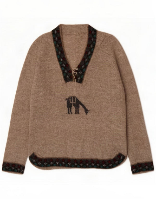Vintage Dame V-hals sweater UK 16 Large Beige Fair Isle