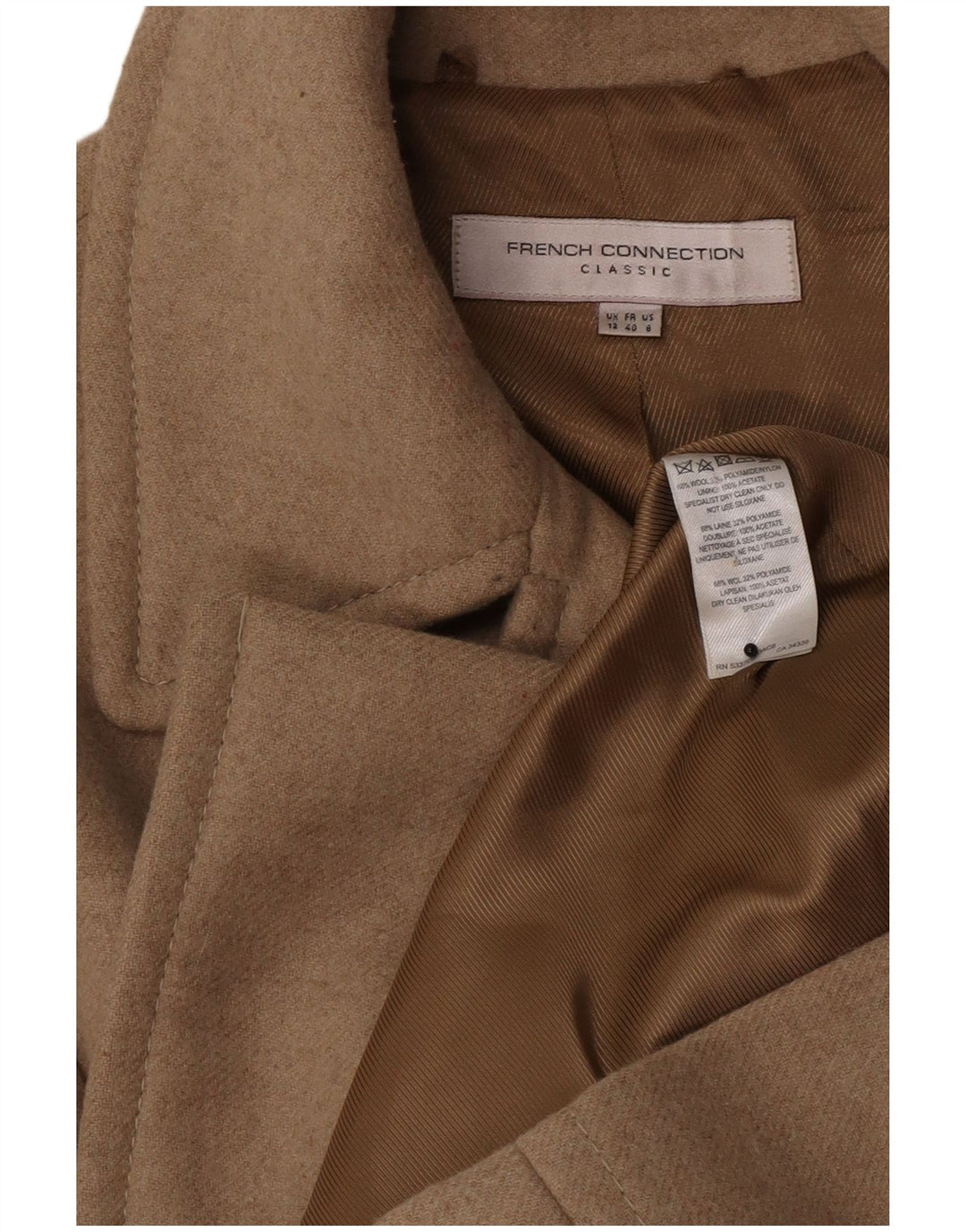 French Connection Dame Dobbeltradet Frakke UK 12 Medium Beige Uld