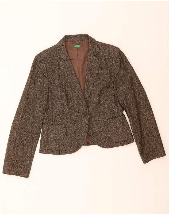 BENETTON Womens 1 Button Blazer Jacket IT 46 Large Brown Herringbone Vintage Benetton and Second-Hand Benetton from Messina Hembry 