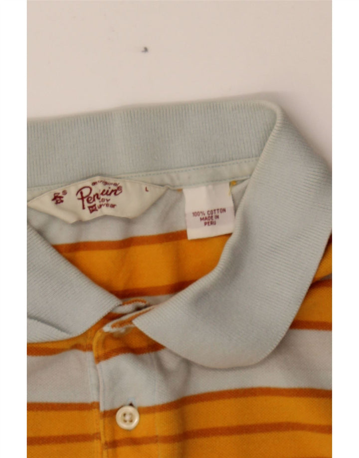 PENGUIN Mens Polo Shirt Large Yellow Striped Cotton Vintage Penguin and Second-Hand Penguin from Messina Hembry 